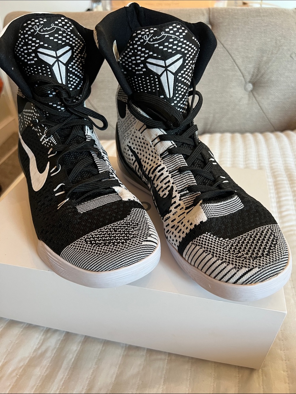 KOBE B,black history month , Black and White High-Top Knit Sneakers. KB Logo .